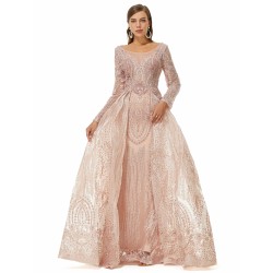 Ballbella Design | Champange Sparkle Beaded Long Sleeves Prom Dresses with Overskirt