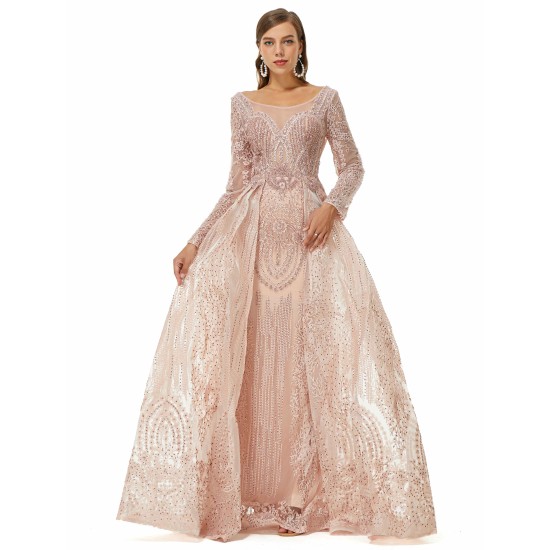 Ballbella Design | Champange Sparkle Beaded Long Sleeves Prom Dresses with Overskirt