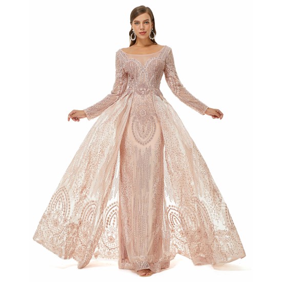 Ballbella Design | Champange Sparkle Beaded Long Sleeves Prom Dresses with Overskirt
