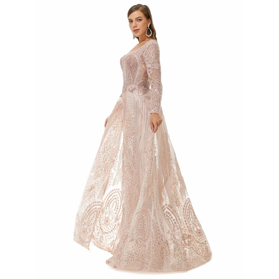 Ballbella Design | Champange Sparkle Beaded Long Sleeves Prom Dresses with Overskirt