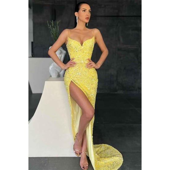 Gorgeous Yellow Sequins Prom Dress Mermaid Split Long Evening Party Gowns