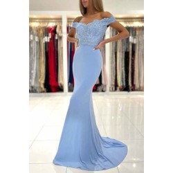 Gorgeous Blue Off-the-shoulder Mermaid Prom Dresses With Lace