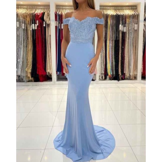 Gorgeous Blue Off-the-shoulder Mermaid Prom Dresses With Lace