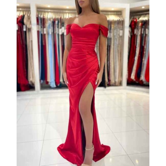 Chic Red Off-the-shoulder Mermaid Prom Dresses Split Long Evening Gowns