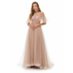 Ballbella Design | Sparkle Beaded Cool shoulder A-line Beaded Prom Dresses