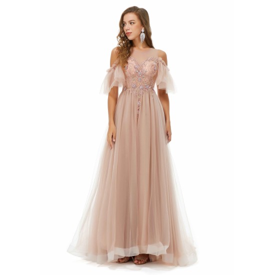 Ballbella Design | Sparkle Beaded Cool shoulder A-line Beaded Prom Dresses