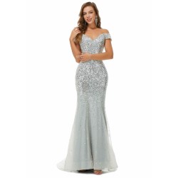 Ballbella Design | Sparkle Silver Mermaid Beaded Cap sleeves Off-the-shoulder Prom Dresses