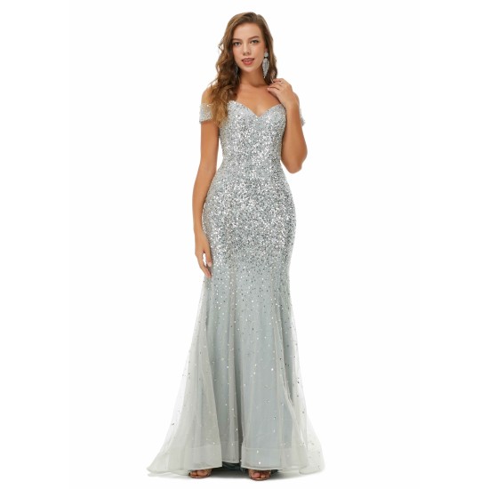 Ballbella Design | Sparkle Silver Mermaid Beaded Cap sleeves Off-the-shoulder Prom Dresses