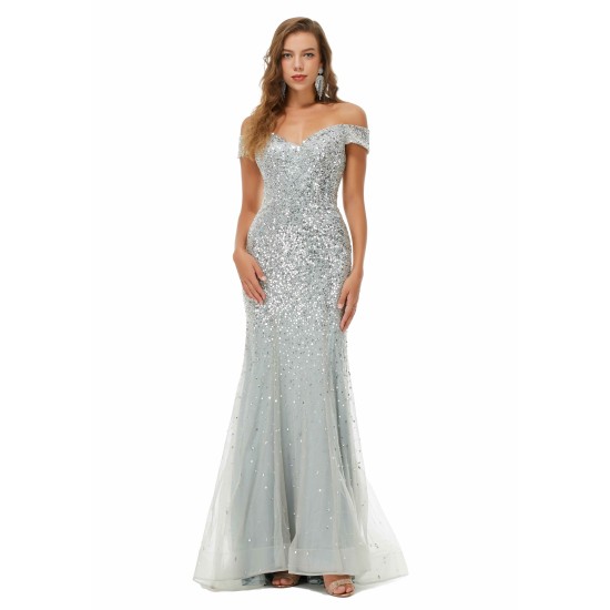 Ballbella Design | Sparkle Silver Mermaid Beaded Cap sleeves Off-the-shoulder Prom Dresses