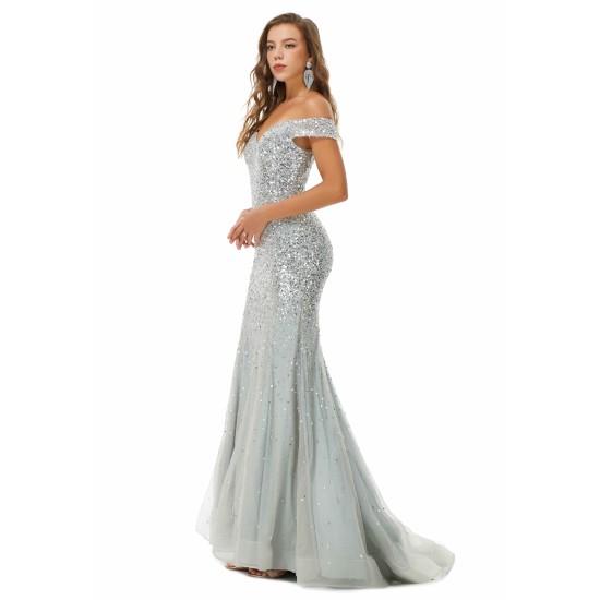 Ballbella Design | Sparkle Silver Mermaid Beaded Cap sleeves Off-the-shoulder Prom Dresses