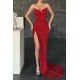 Burgundy Spaghetti-Straps Mermaid Prom Dress Long Sequins Evening Gowns With Split