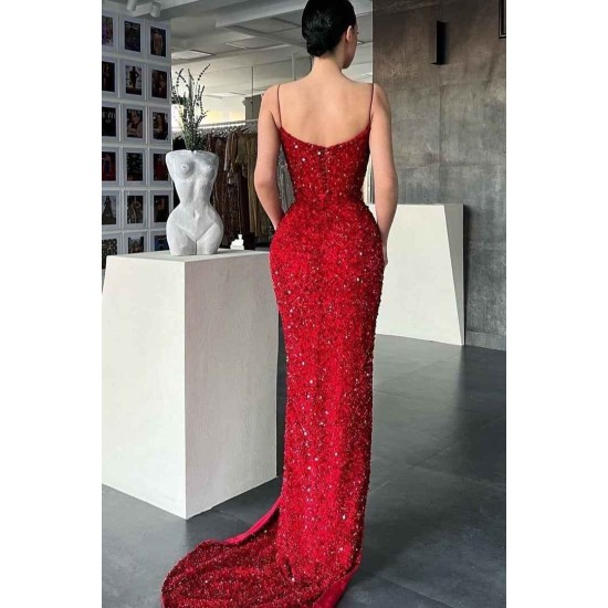 Burgundy Spaghetti-Straps Mermaid Prom Dress Long Sequins Evening Gowns With Split