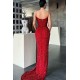 Burgundy Spaghetti-Straps Mermaid Prom Dress Long Sequins Evening Gowns With Split