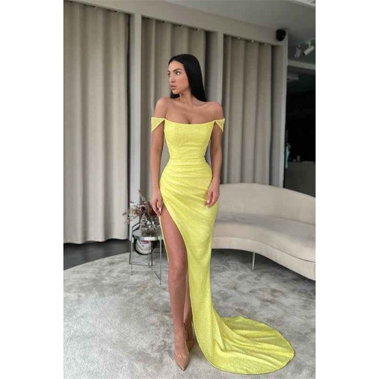 Off-the-Shoulder Daffodil Mermaid Prom Dress Sequins Long Split