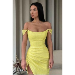 Off-the-Shoulder Daffodil Mermaid Prom Dress Sequins Long Split