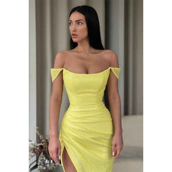 Off-the-Shoulder Daffodil Mermaid Prom Dress Sequins Long Split