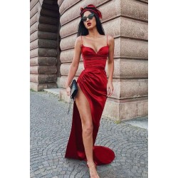 Burgundy Spaghetti-Straps Sleeveless Prom Dress Mermaid Long With Split