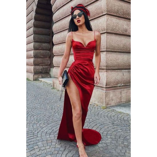 Burgundy Spaghetti-Straps Sleeveless Prom Dress Mermaid Long With Split