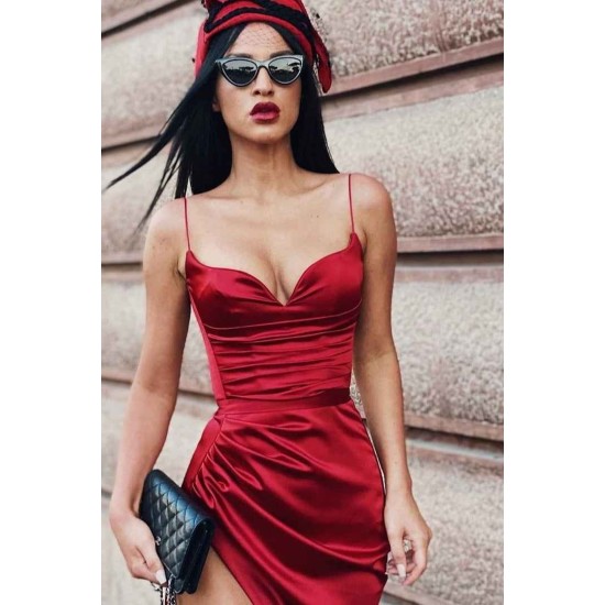 Burgundy Spaghetti-Straps Sleeveless Prom Dress Mermaid Long With Split