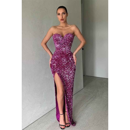 Elegant Sweetheart Sequins Prom Dress Mermaid Long Split Evening Gowns