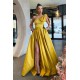 Glorious One Shoulder Yellow Prom Dress Split Long With Pockets