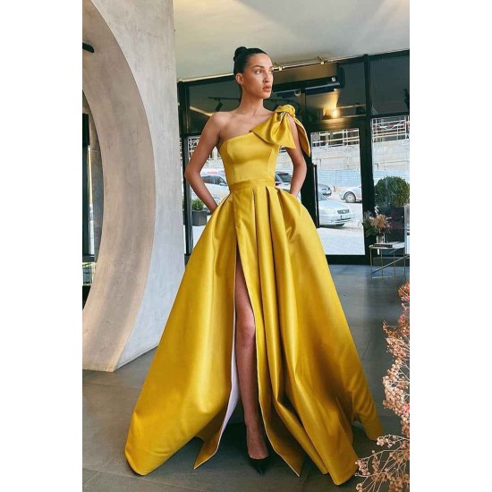 Glorious One Shoulder Yellow Prom Dress Split Long With Pockets