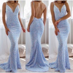 Gorgeous Spaghetti-Straps Backless Prom Dress Mermaid Sequins Sleeveless