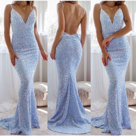 Gorgeous Spaghetti-Straps Backless Prom Dress Mermaid Sequins Sleeveless