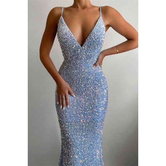 Gorgeous Spaghetti-Straps Backless Prom Dress Mermaid Sequins Sleeveless