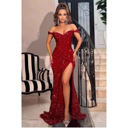 Burgundy Off-the-Shoulder Sequins Prom Dress Mermaid Long Slit