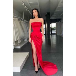 Red Strapless Long Prom Dress Mermaid With Slit