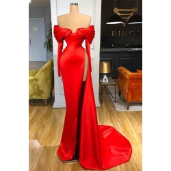 Red Off-the-Shoulder Long Sleeves Prom Dress Mermaid With High Split