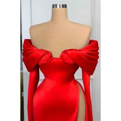 Red Off-the-Shoulder Long Sleeves Prom Dress Mermaid With High Split