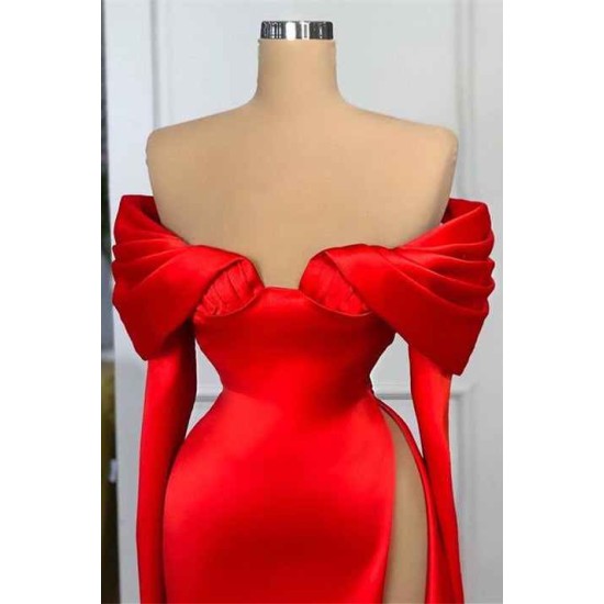 Red Off-the-Shoulder Long Sleeves Prom Dress Mermaid With High Split
