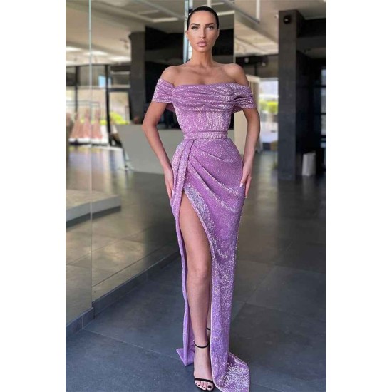 Lilac Off-the-Shoulder Sequins Prom Dress Long With Slit