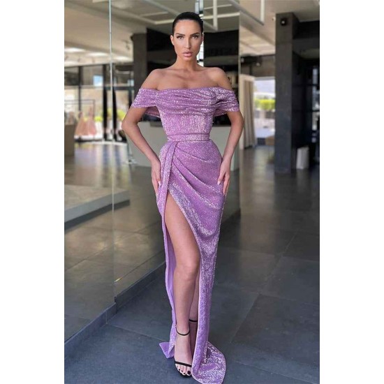 Lilac Off-the-Shoulder Sequins Prom Dress Long With Slit