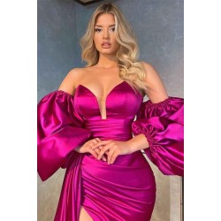 Fuchsia Detachable Sleeves Mermaid Prom Dress Slit With Ruffles