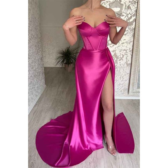 Elegant Fuchsia Sweetheart Long Prom Dress Split With Ruffles