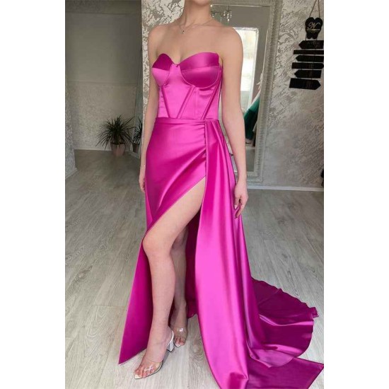 Elegant Fuchsia Sweetheart Long Prom Dress Split With Ruffles