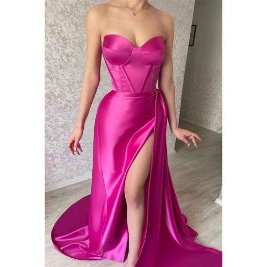 Elegant Fuchsia Sweetheart Long Prom Dress Split With Ruffles