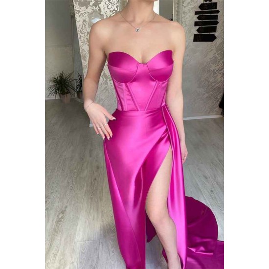 Elegant Fuchsia Sweetheart Long Prom Dress Split With Ruffles