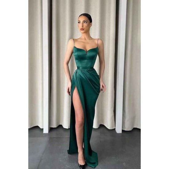 Dark Green Spaghetti-Straps Mermaid Prom Dress Long With Slit