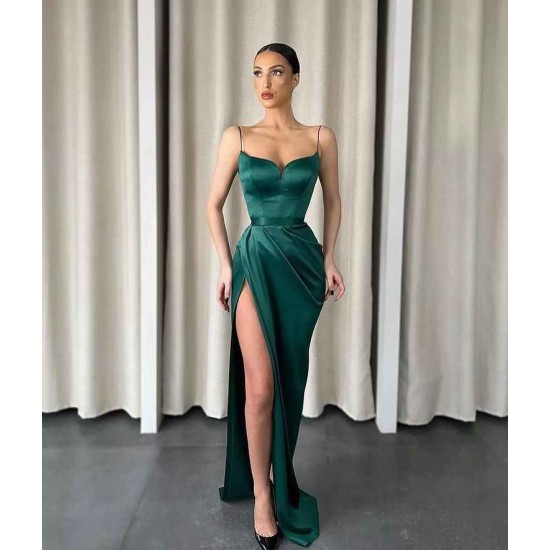 Dark Green Spaghetti-Straps Mermaid Prom Dress Long With Slit