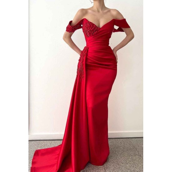 Off-the-shoulder Burgundy Beaded Long Prom Dress with Half Train