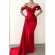 Off-the-shoulder Burgundy Beaded Long Prom Dress with Half Train