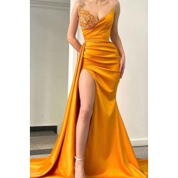 Sweetheart Orange Half-Beaded Long High Split Prom Dress with Half train