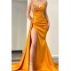 Sweetheart Orange Half-Beaded Long High Split Prom Dress with Half train