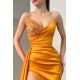 Sweetheart Orange Half-Beaded Long High Split Prom Dress with Half train