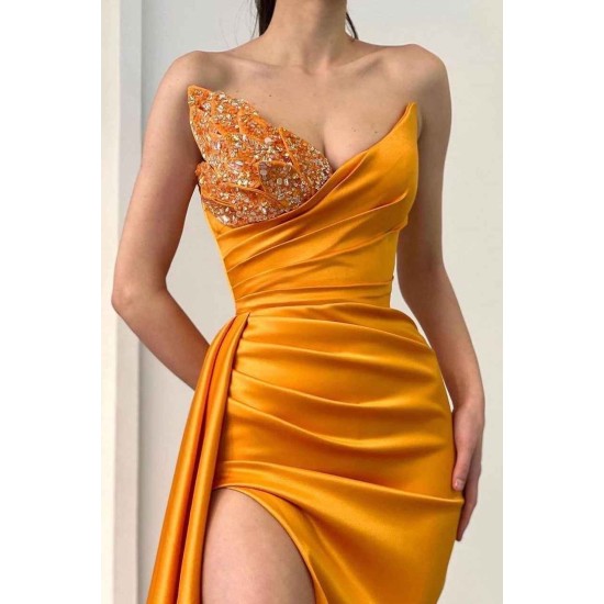 Sweetheart Orange Half-Beaded Long High Split Prom Dress with Half train