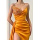 Sweetheart Orange Half-Beaded Long High Split Prom Dress with Half train